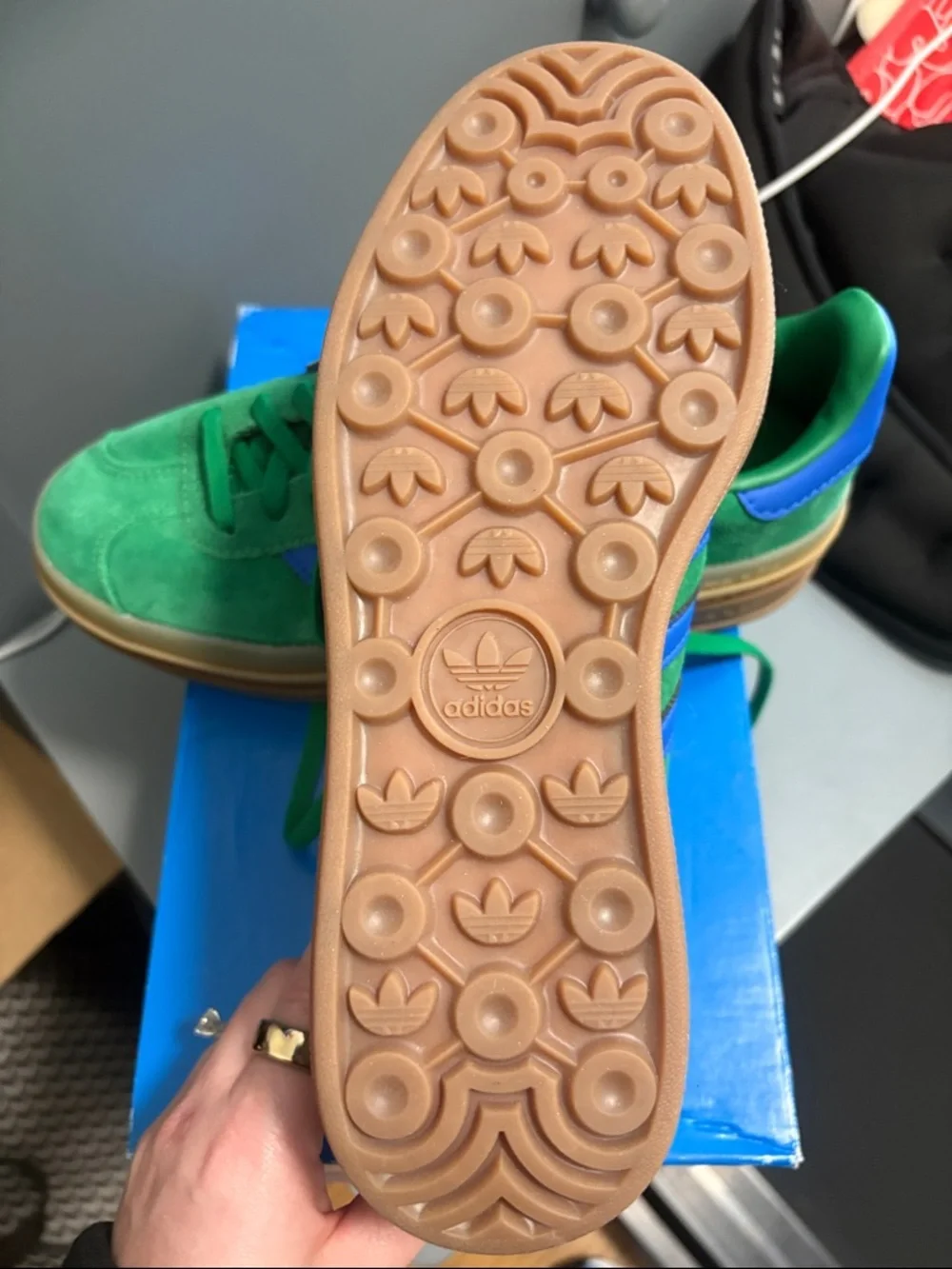 adidas Green Suede Gazelle Bold Platform Sneakers with Blue Stripes NWT - Picture 9 of 10